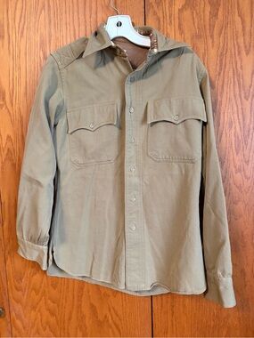 Vintage WWII US Army Wool Field Shirt Ruptured Duck Tag Officer Khaki Flannel OG